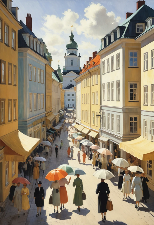 A charming Finnish city center with umbrellas - Paper Poster