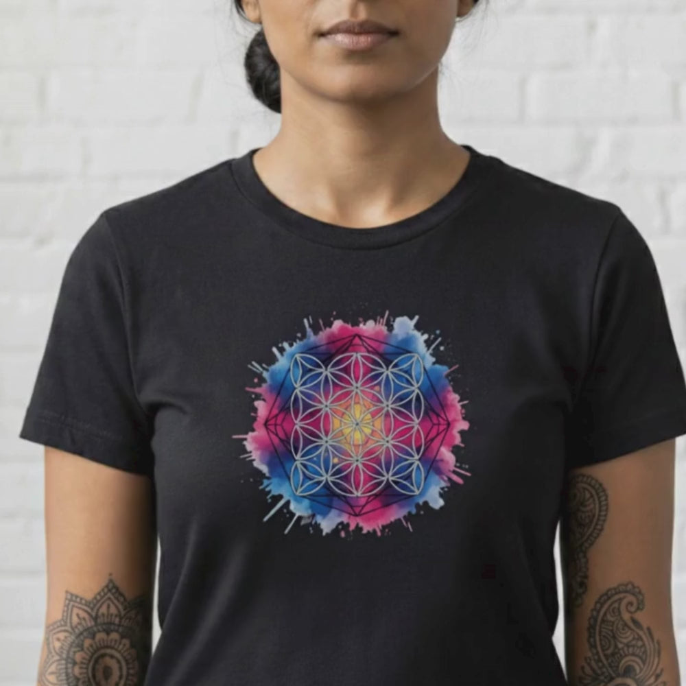 Colorful Watercolor Flower of Life Sacred Geometry Graphic Tee
